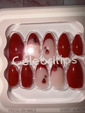 Nail Reformation Red Short Almond Press-On Nails with Ladybug Accents
